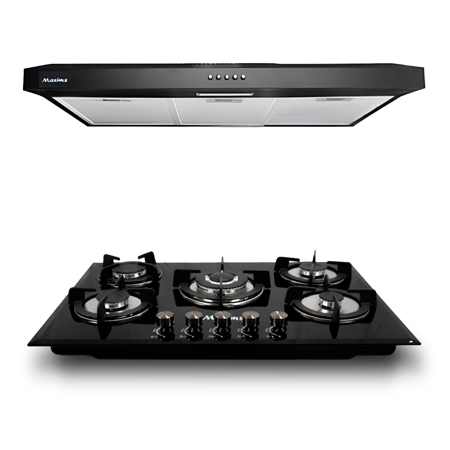 Combo Parrilla a Gas 5 Quemadores Vidrio Negro + Campana Extractora 80 cm