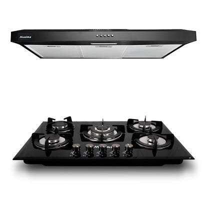 Combo Parrilla a Gas 5 Quemadores Vidrio Negro + Campana Extractora 80 cm