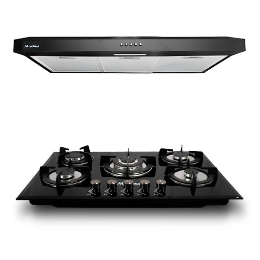 Combo Parrilla a Gas 5 Quemadores Vidrio Negro + Campana Extractora 80 cm