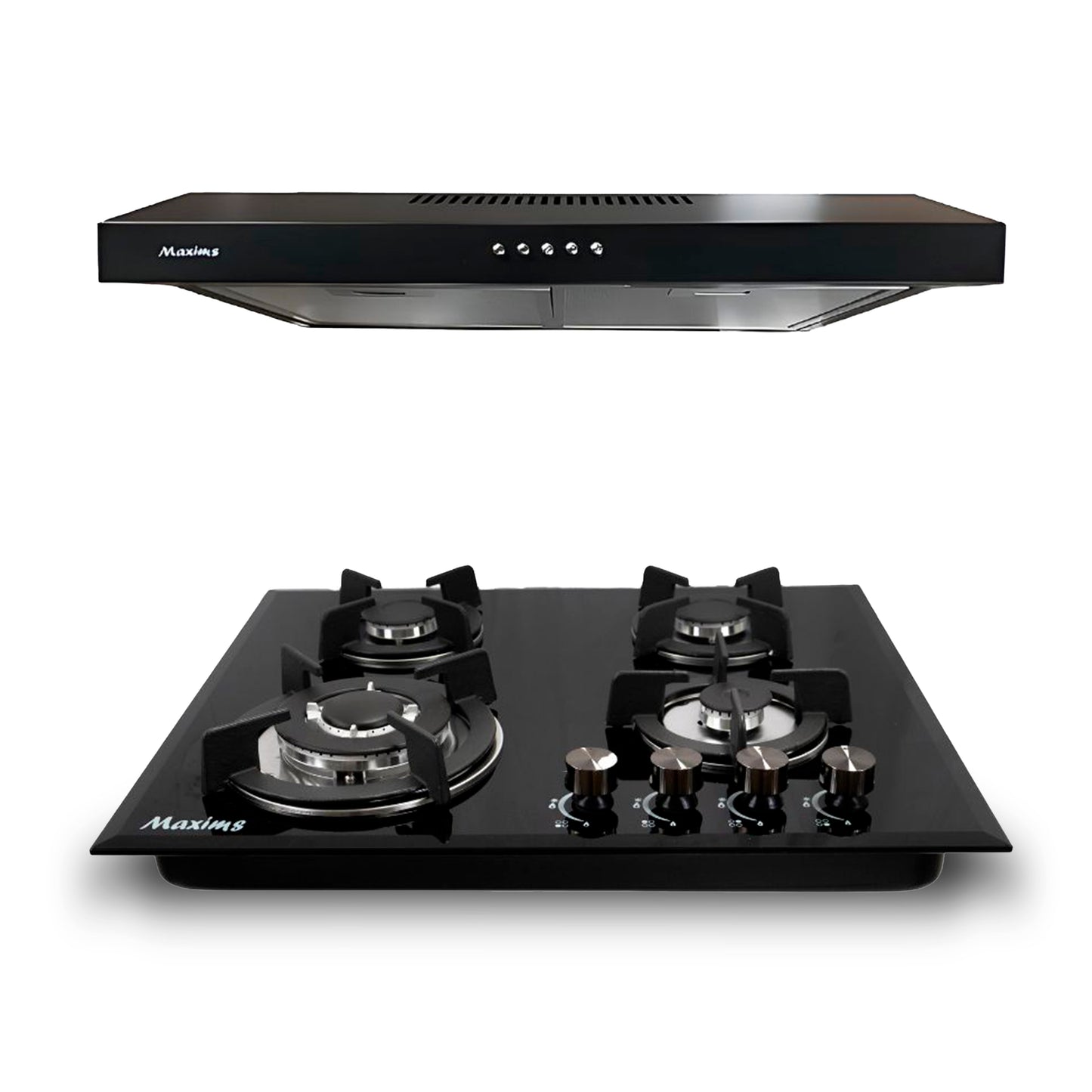 Combo Parrilla a Gas 4 Quemadores de Cristal Negro + Campana Extractora 60 cm