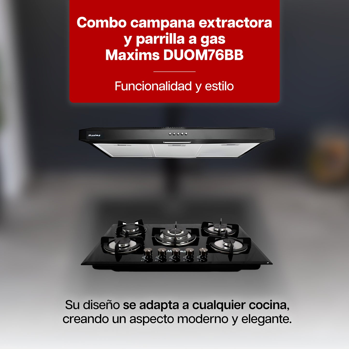 Combo Parrilla a Gas 5 Quemadores Vidrio Negro + Campana Extractora 80 cm
