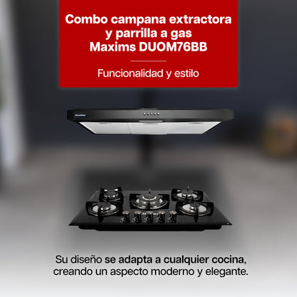 Combo Parrilla a Gas 5 Quemadores Vidrio Negro + Campana Extractora 80 cm
