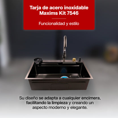 Tarja de Cocina Maxims Kit Fregadero de Cascada Acero Inoxidable con Accesorios