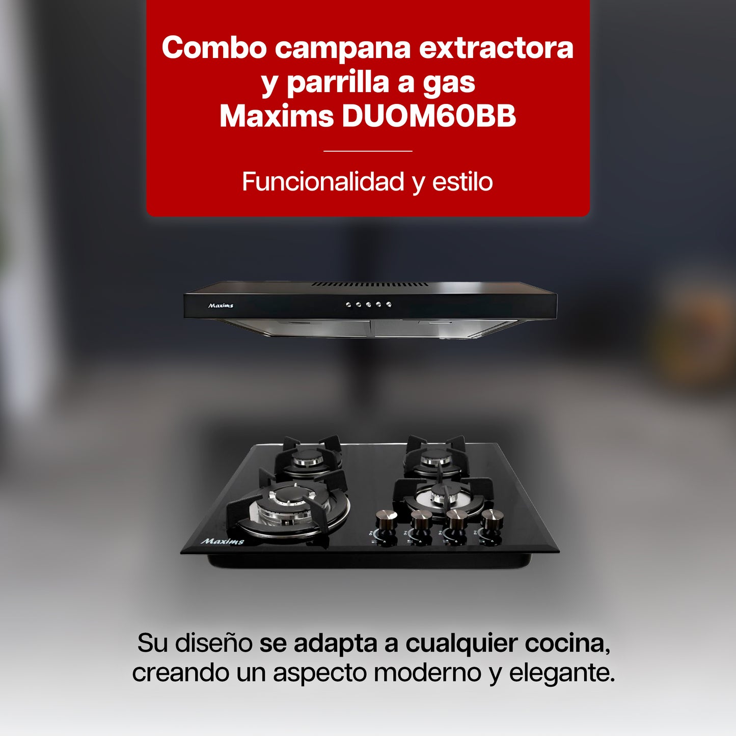 Combo Parrilla a Gas 4 Quemadores de Cristal Negro + Campana Extractora 60 cm