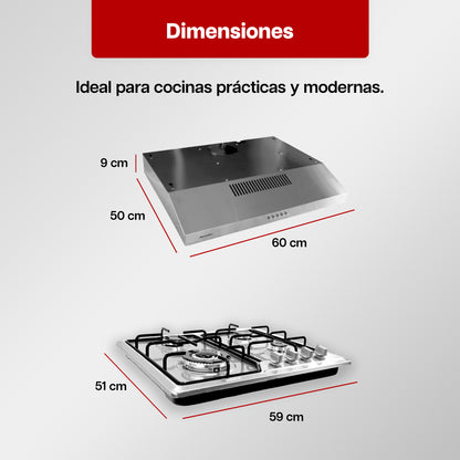 Combo Parrilla a Gas 4 Quemadores + Campana Extractora de Acero Inoxidable 60 cm