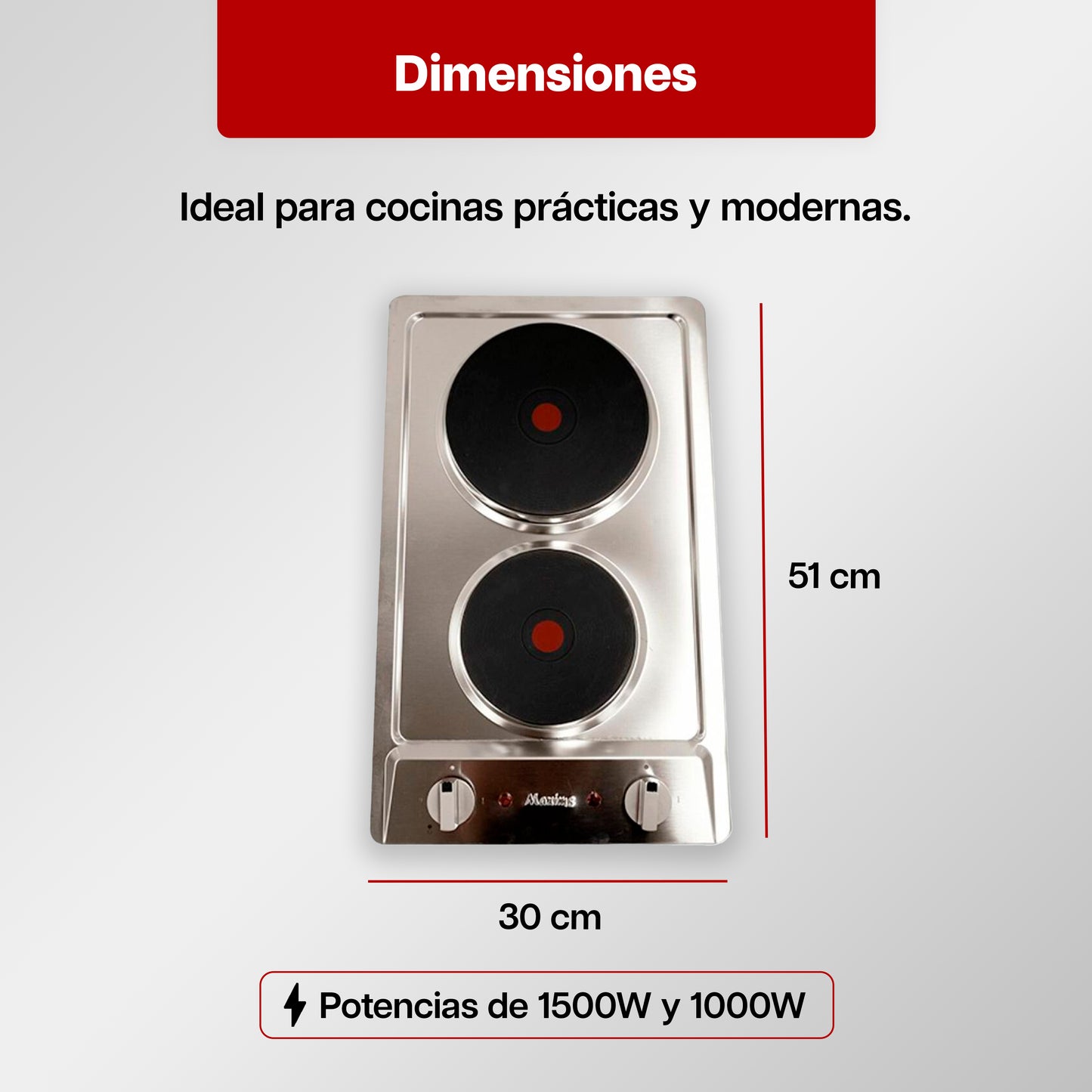 Parrilla Eléctrica 30 x 51 cm de 2 quemadores Acero Inoxidable Empotrable 1500W
