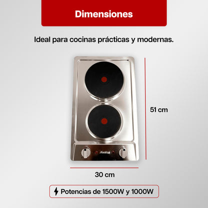 Parrilla Eléctrica 30 x 51 cm de 2 quemadores Acero Inoxidable Empotrable 1500W