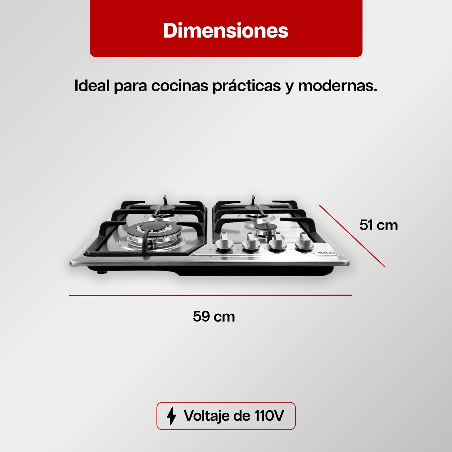 Parrilla de Gas 59 x 51 cm Maxims de Acero Inoxidable 4 Quemadores 110V de Hierro