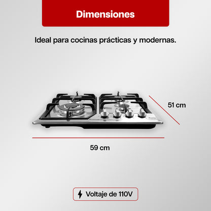 Parrilla de Gas 59 x 51 cm Maxims de Acero Inoxidable 4 Quemadores 110V de Hierro