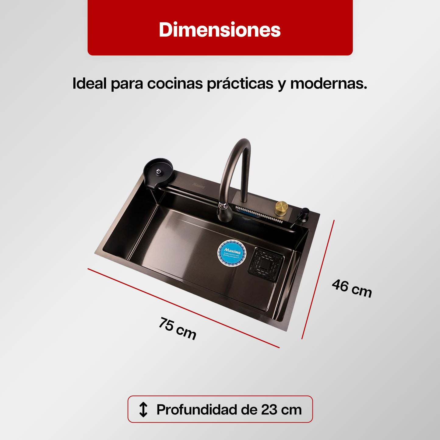 Tarja de Cocina Maxims Kit Fregadero de Cascada Acero Inoxidable con Accesorios