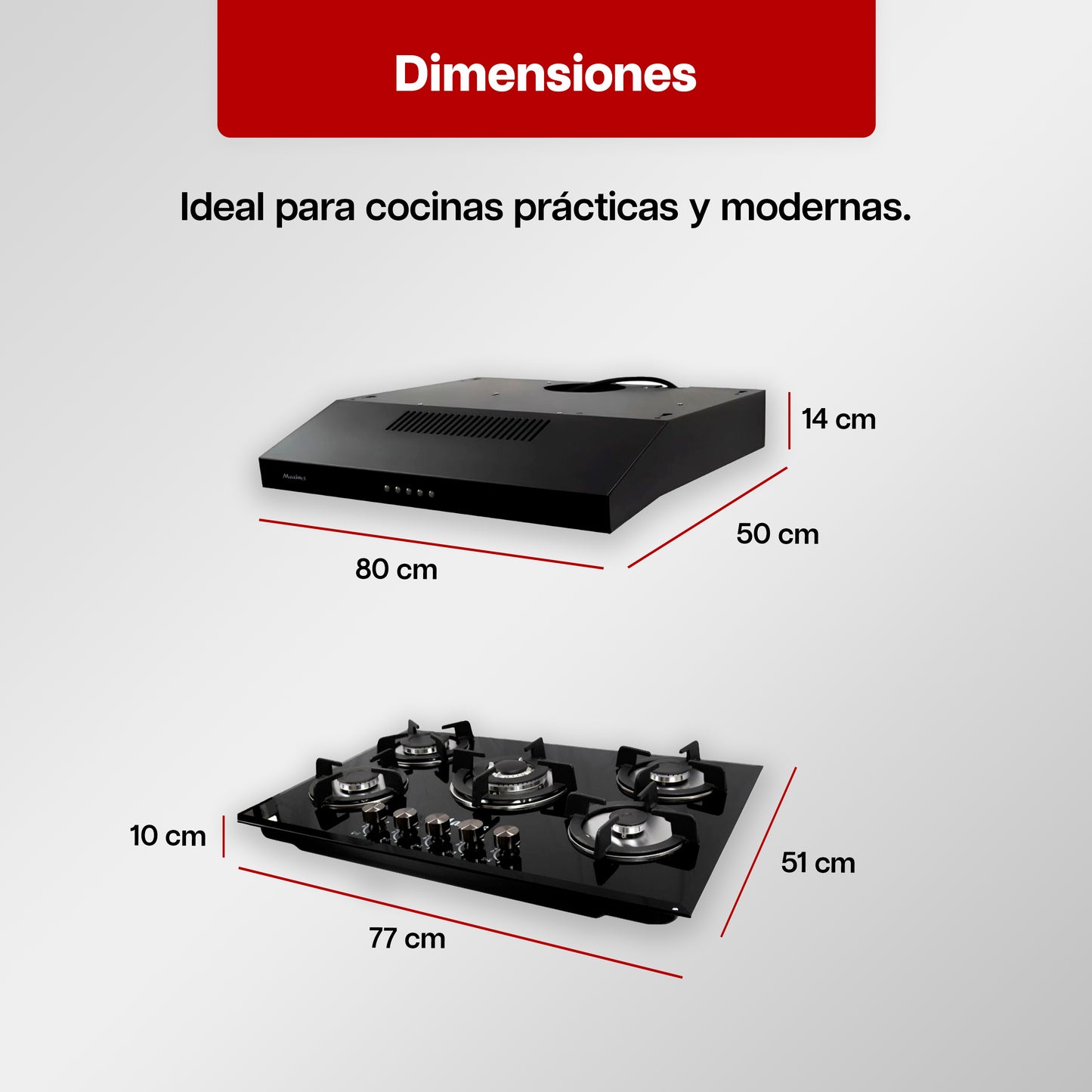 Combo Parrilla a Gas 5 Quemadores Vidrio Negro + Campana Extractora 80 cm