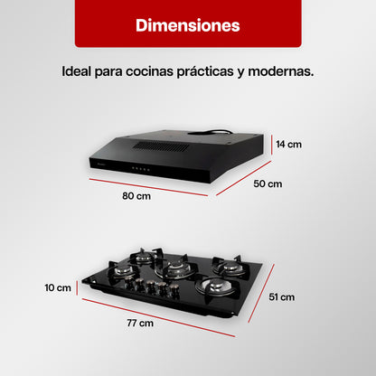 Combo Parrilla a Gas 5 Quemadores Vidrio Negro + Campana Extractora 80 cm