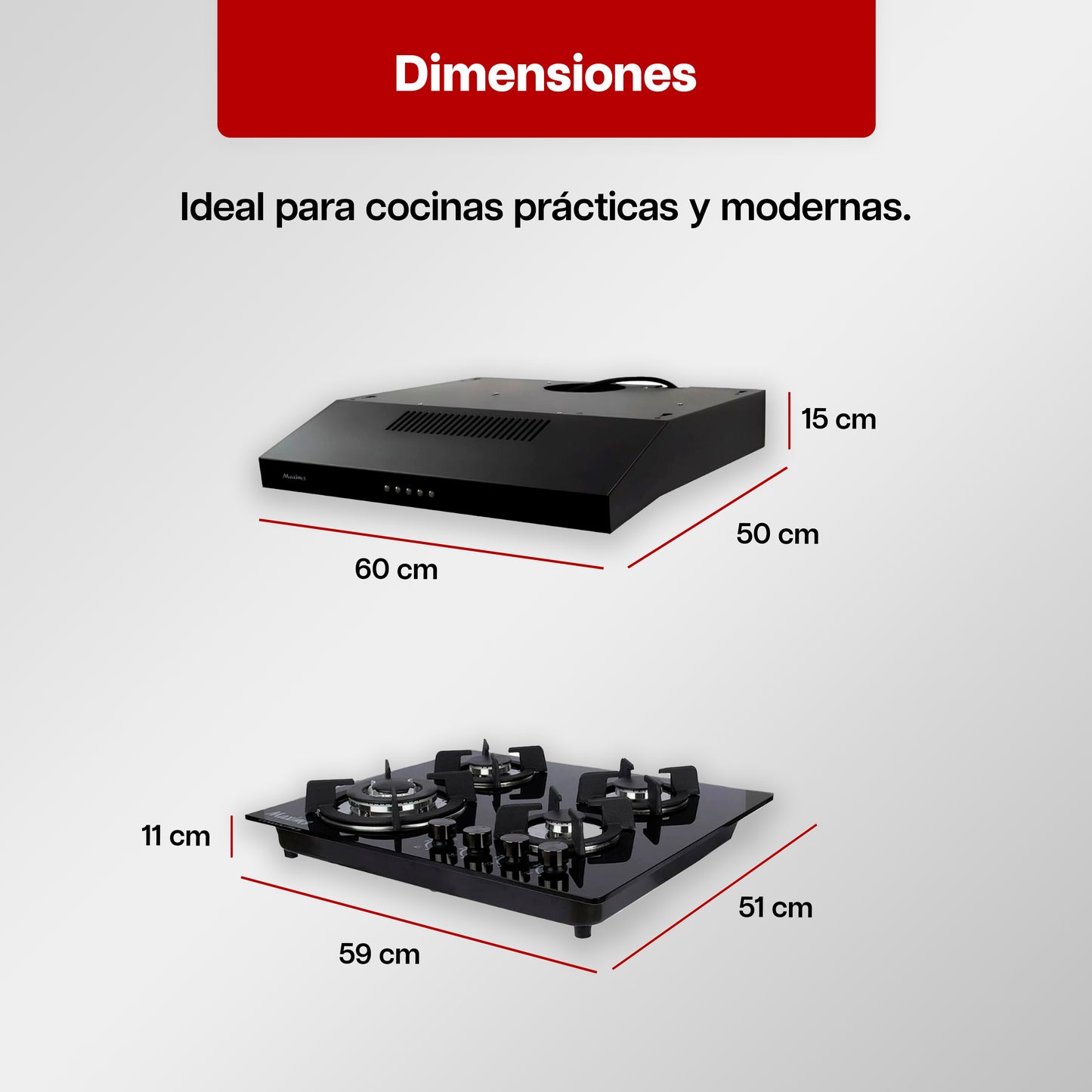 Combo Parrilla a Gas 4 Quemadores de Cristal Negro + Campana Extractora 60 cm