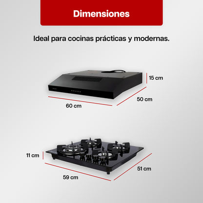 Combo Parrilla a Gas 4 Quemadores de Cristal Negro + Campana Extractora 60 cm