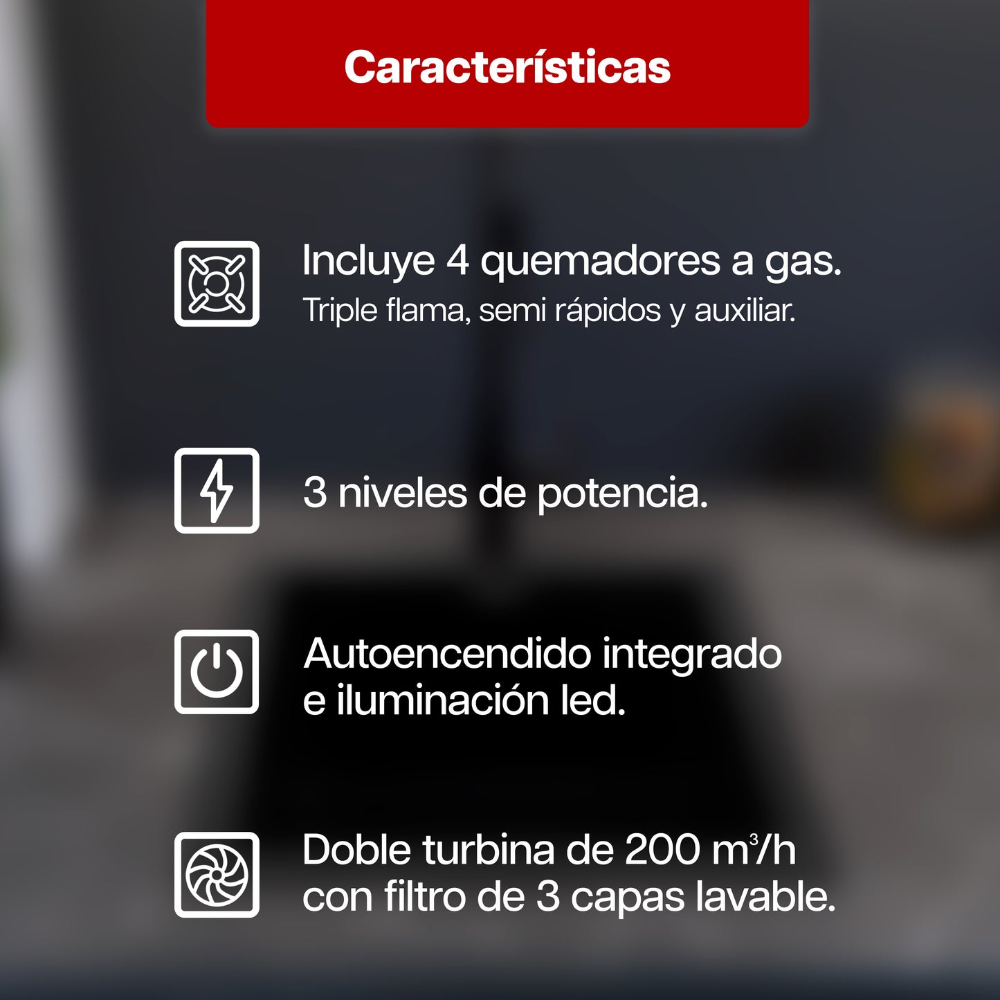 Combo Parrilla a Gas 4 Quemadores de Cristal Negro + Campana Extractora 60 cm