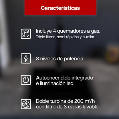 Combo Parrilla a Gas 4 Quemadores de Cristal Negro + Campana Extractora 60 cm