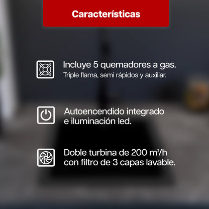 Combo Premium de Parrilla a Gas 5 Quemadores + Campana 80 cm de Acero Inoxidable