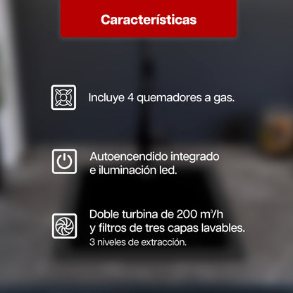 Combo Parrilla a Gas 4 Quemadores + Campana Extractora de Acero Inoxidable 60 cm