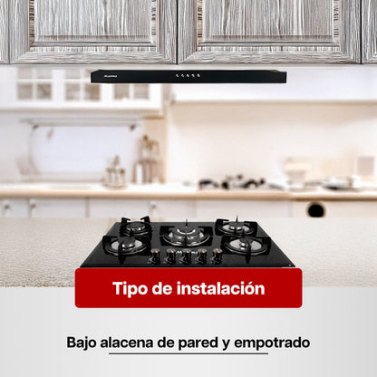 Combo Parrilla a Gas 5 Quemadores Vidrio Negro + Campana Extractora 80 cm