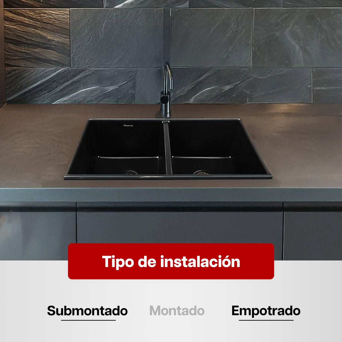 Tarja Fregadero Maxims 81x45 cm de Cuarzo Negro Mate Doble Tina