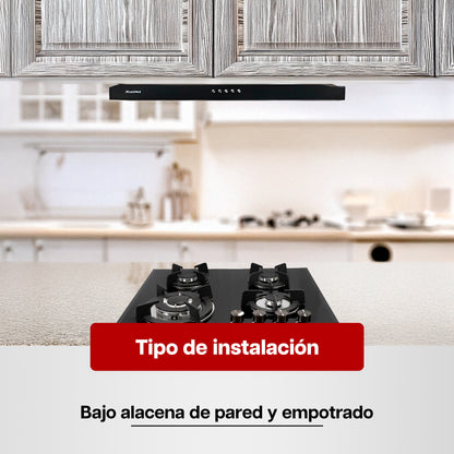 Combo Parrilla a Gas 4 Quemadores de Cristal Negro + Campana Extractora 60 cm