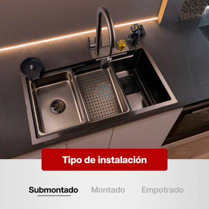 Tarja de Cocina Maxims Kit Fregadero de Cascada Acero Inoxidable con Accesorios